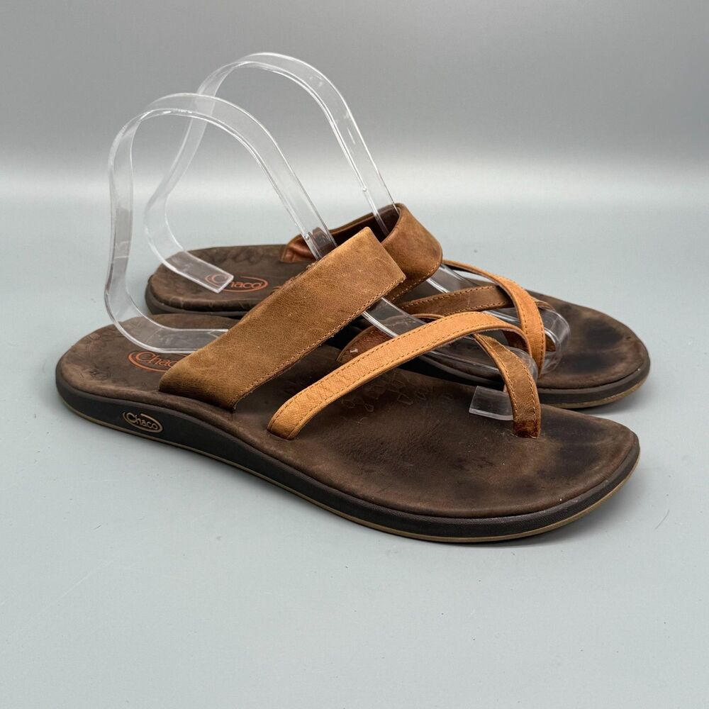 Chaco Classic Women 9 Brown Leather Slide Sandal Slip-On Straps Open Toe Comfort